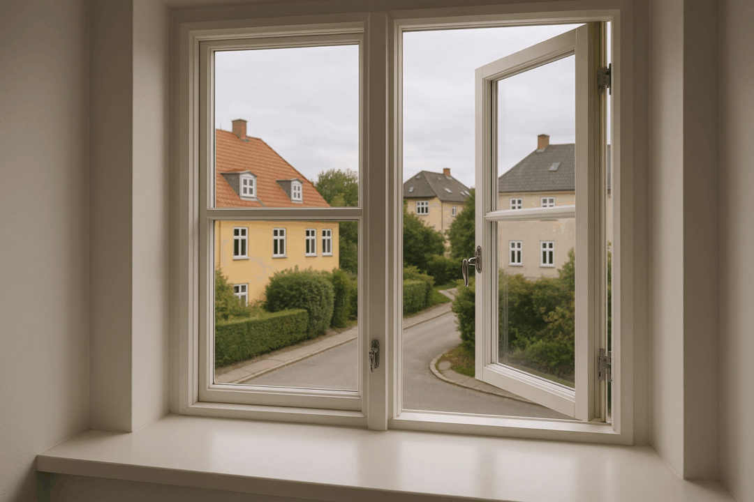 Hvidrammet vindue der står på klem med udsigt til rolig villavej og gule murstenshuse