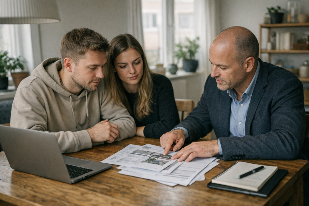 Personer ved bord med boligpapirer og laptop i samtale