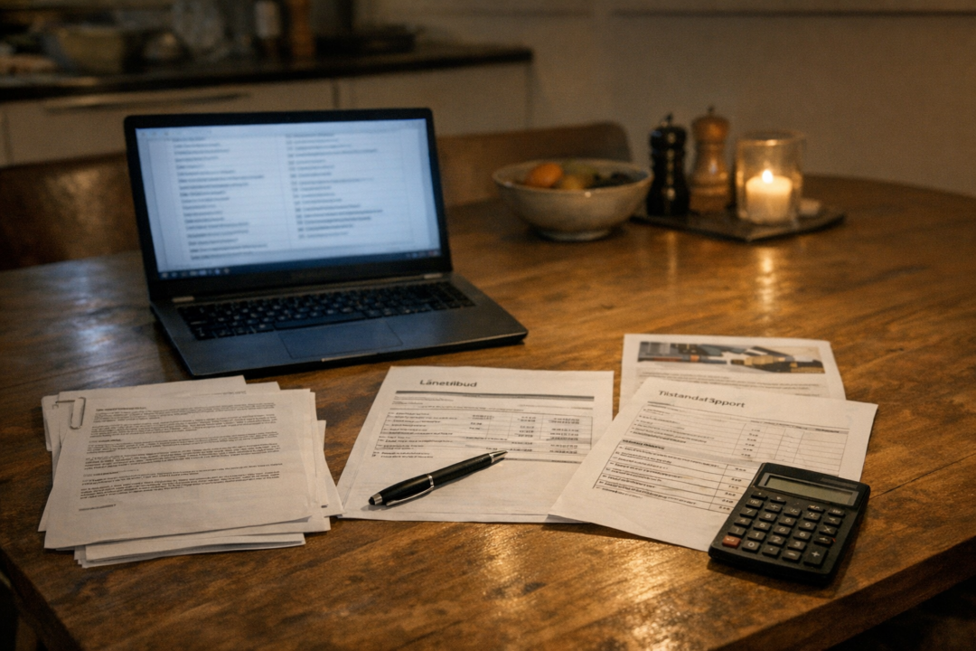 Person med papirer og boligkontrakt ved køkkenbord