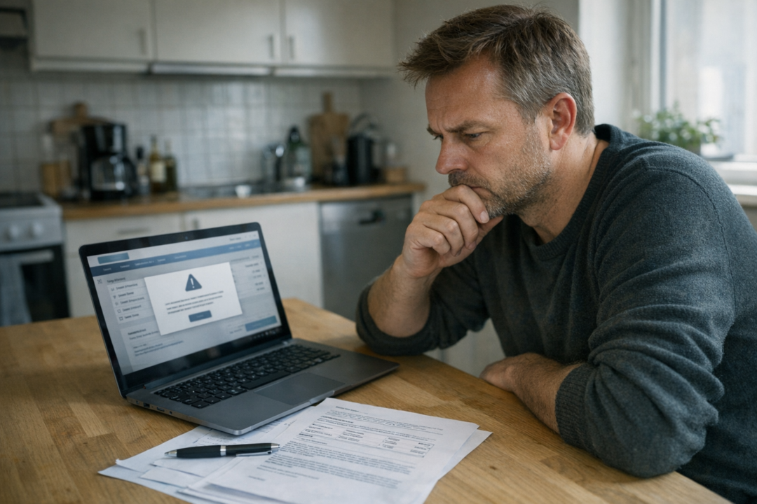 Person, der læser bankvilkår på skærm med markerede renter og gebyrer