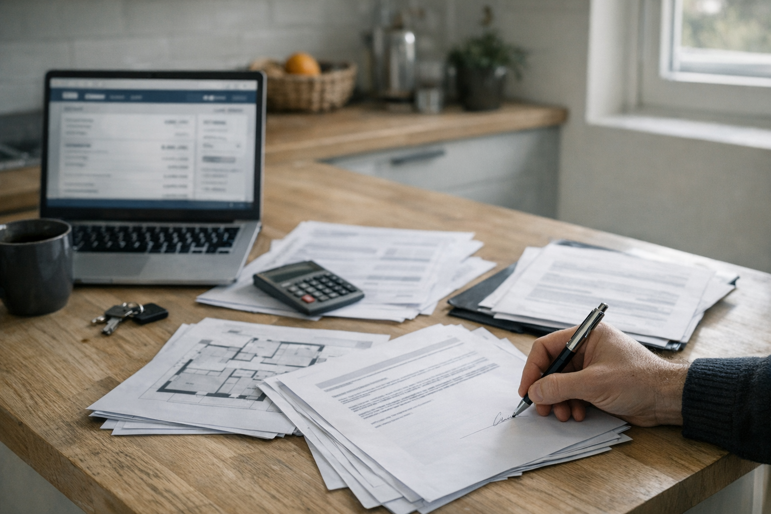 Personer ved bord med laptop og lånedokumenter til underskrift