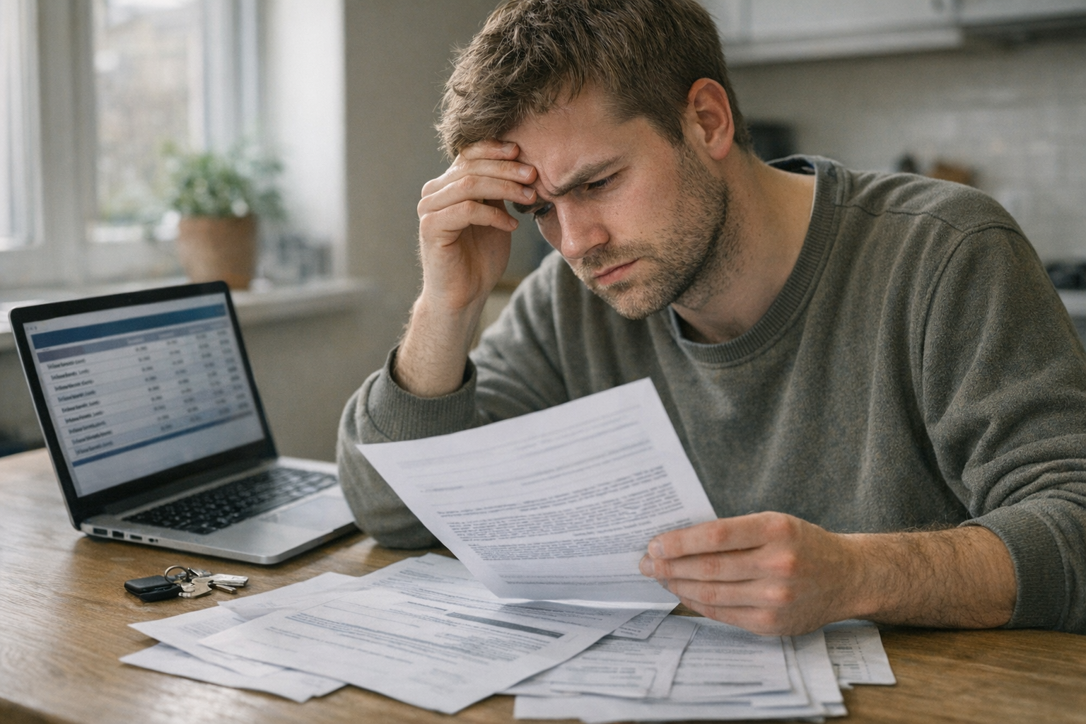 Person peger på rentetabel ved siden af lånedokumenter