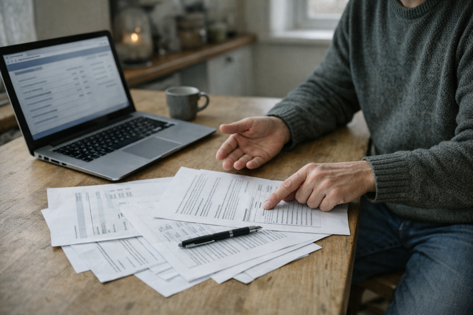 Person med brev og smartphone ved skrivebord med papirer