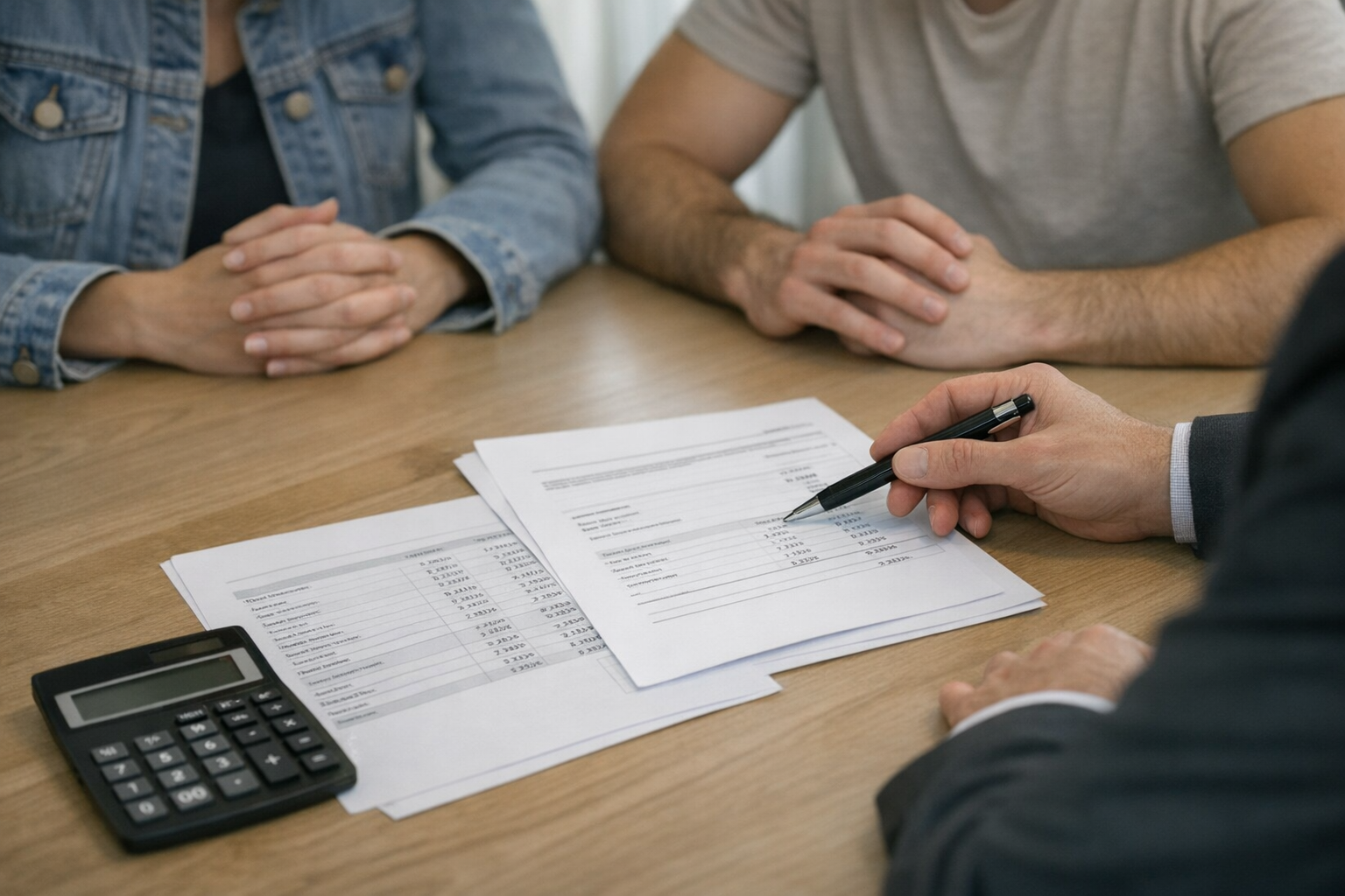 Person regner på låneudgifter med lommeregner og papirer
