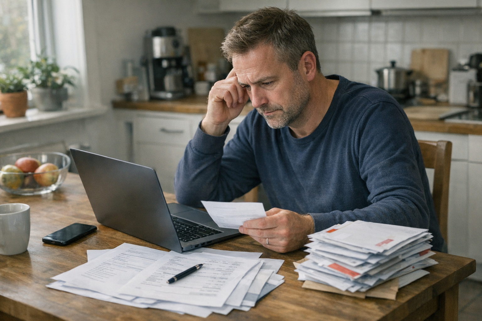 Person skriver budgetnoter ved bord med laptop og kvitteringer