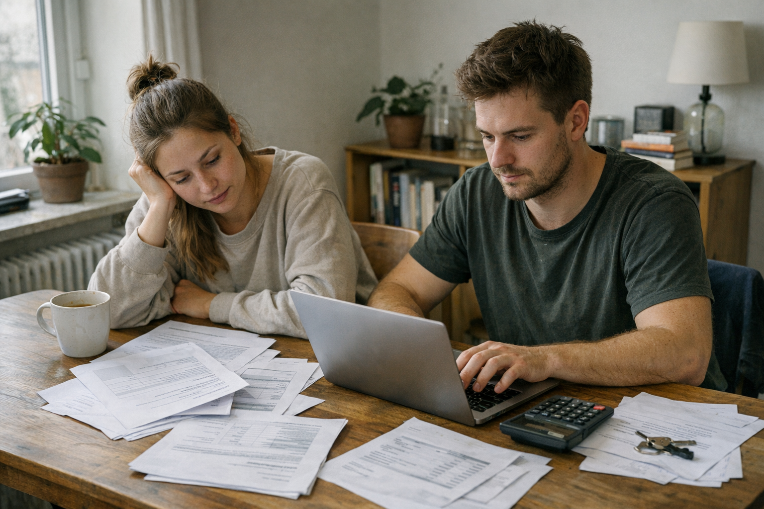 Person med boligpapirer og lommeregner ved bord