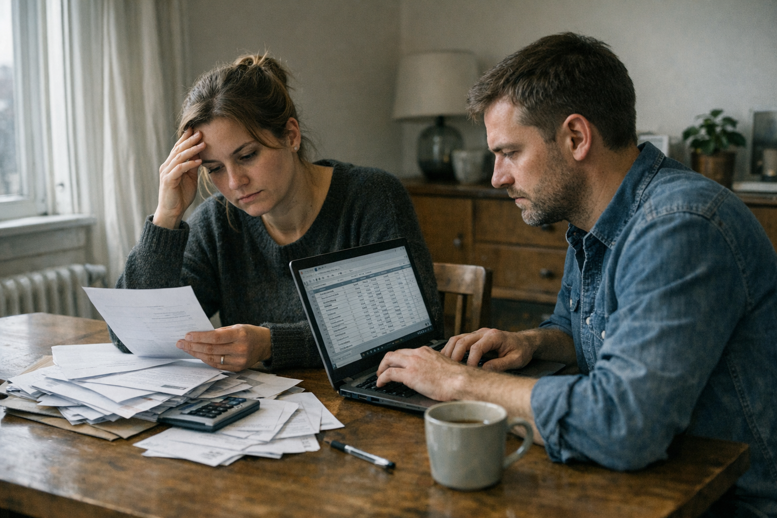 Par ved køkkenbord med budgetark, laptop og lommeregner