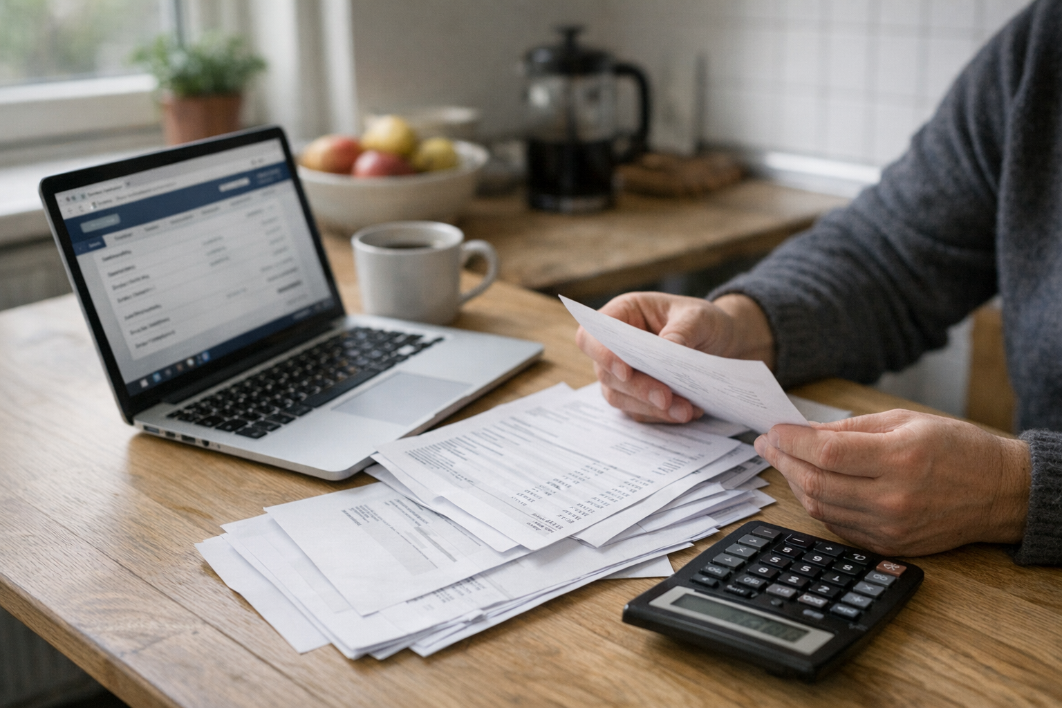 Personer ved bord med laptop og dokumenter om boligkøb