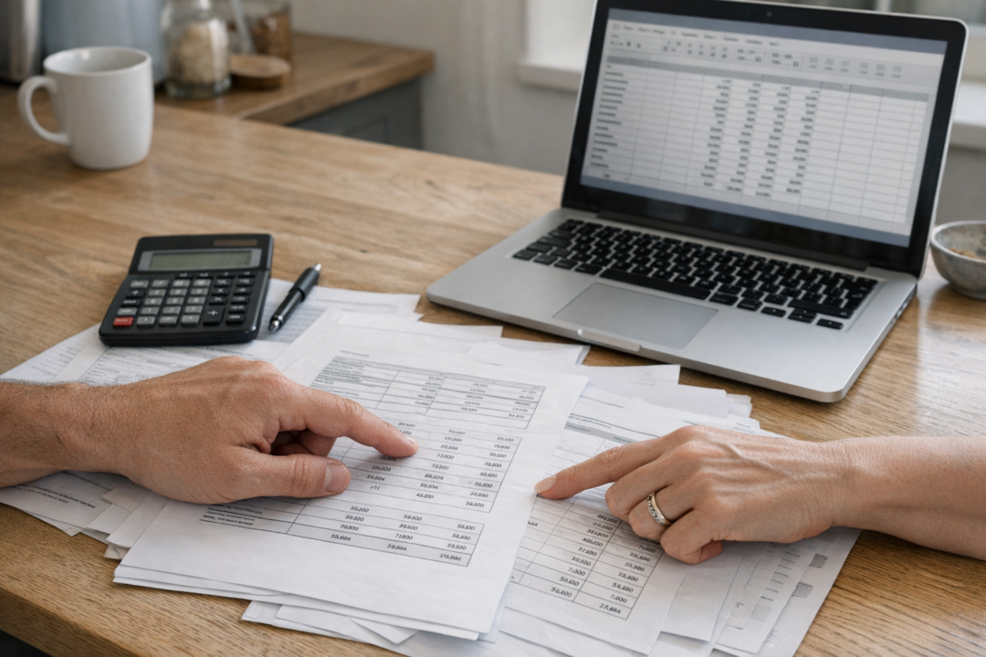 Personer ved bord med laptop og dokumenter