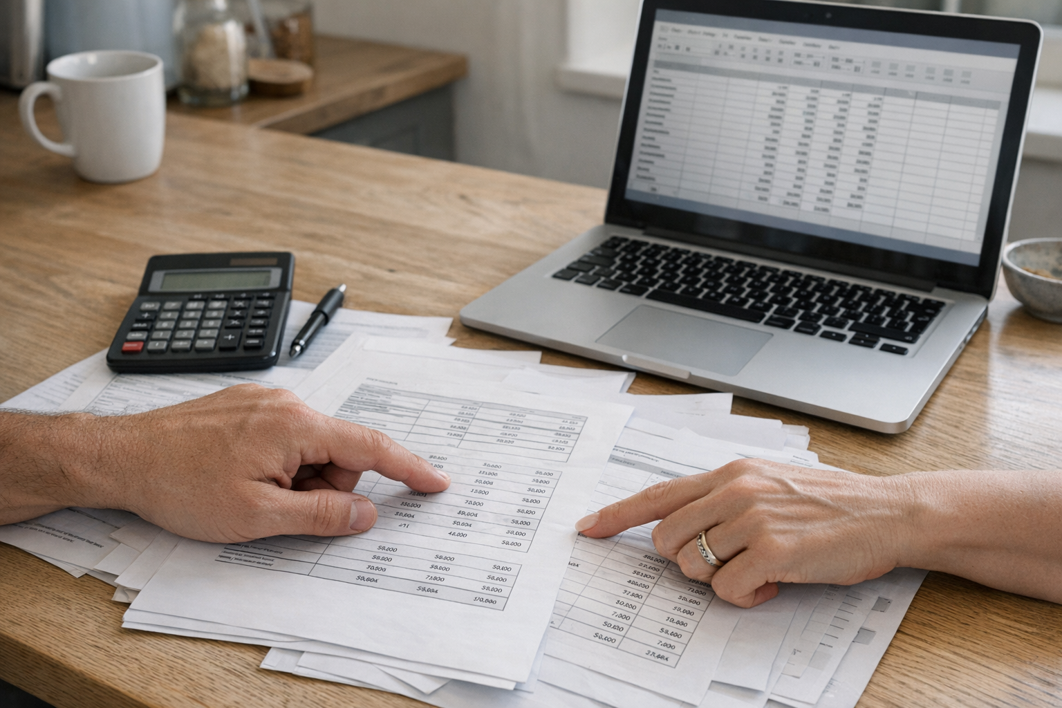 Personer ved bord med laptop og dokumenter