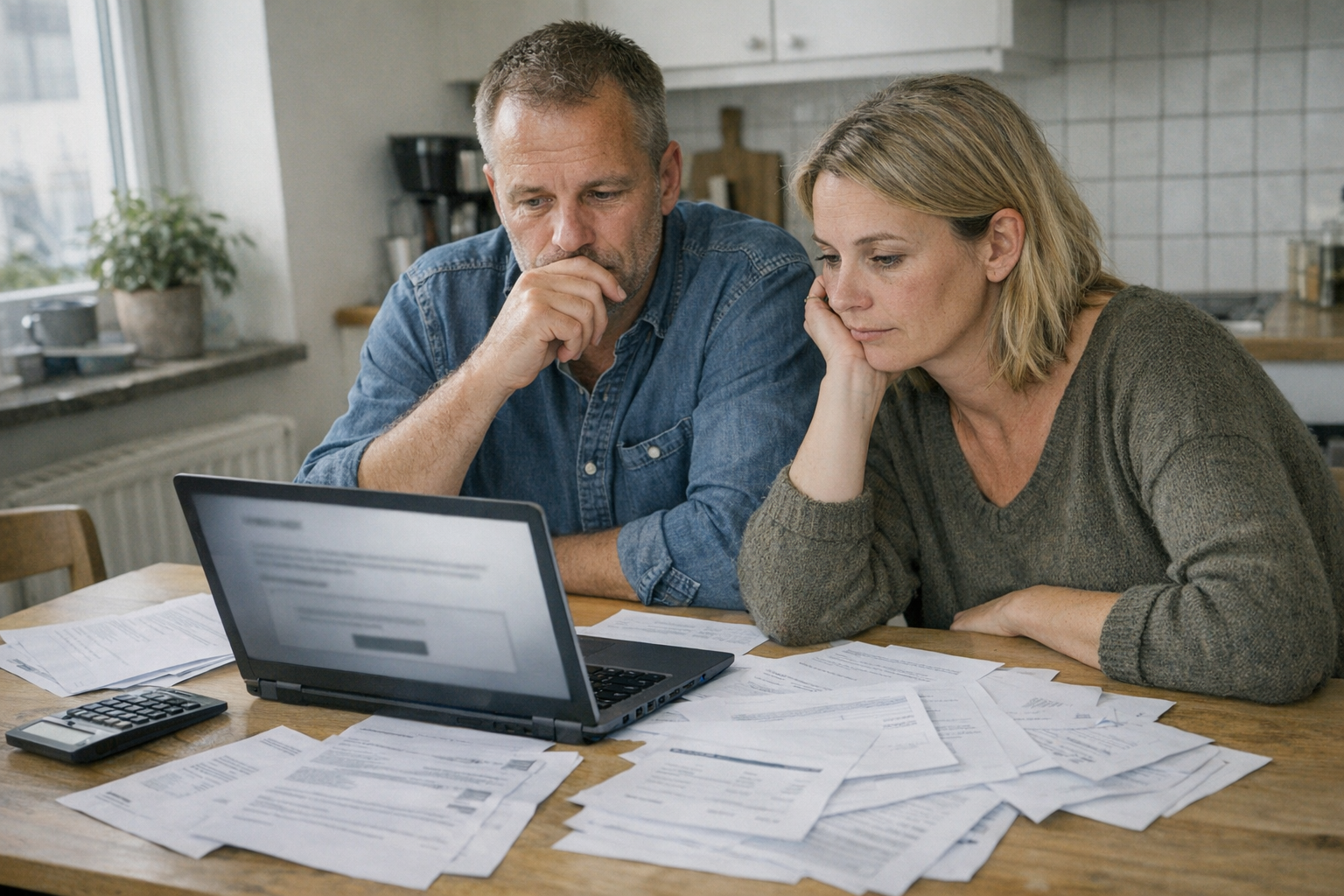 Person, der gennemgår boliglånsdokumenter ved laptop og notesbog