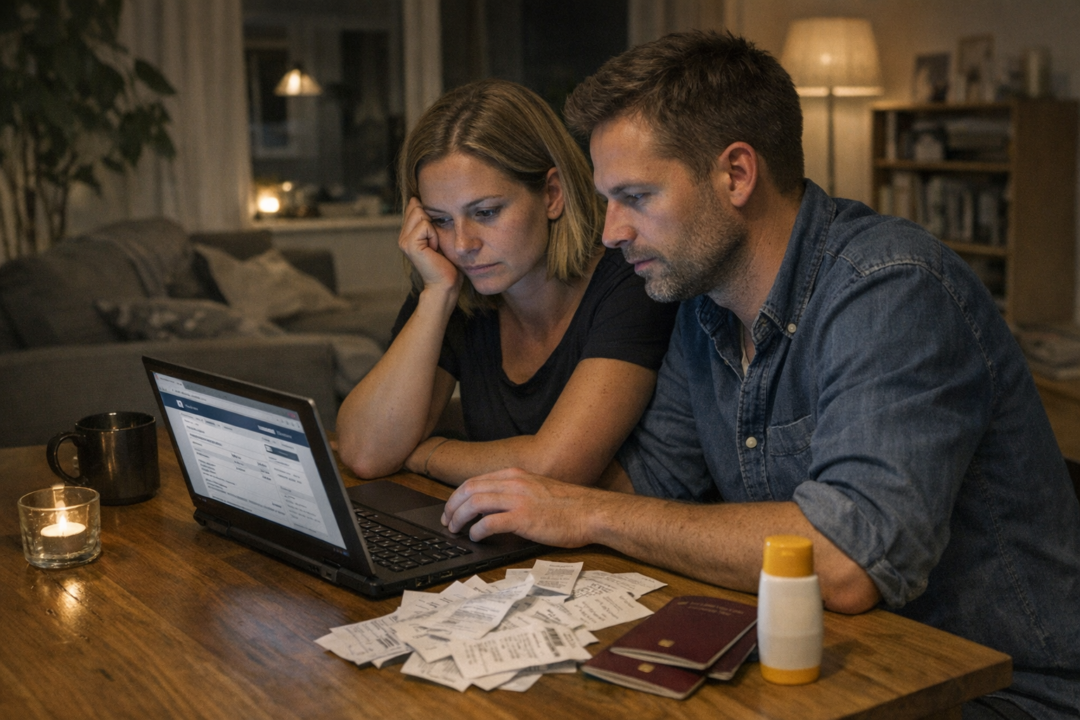 Person skriver i budgetark ved laptop med kvitteringer på bordet