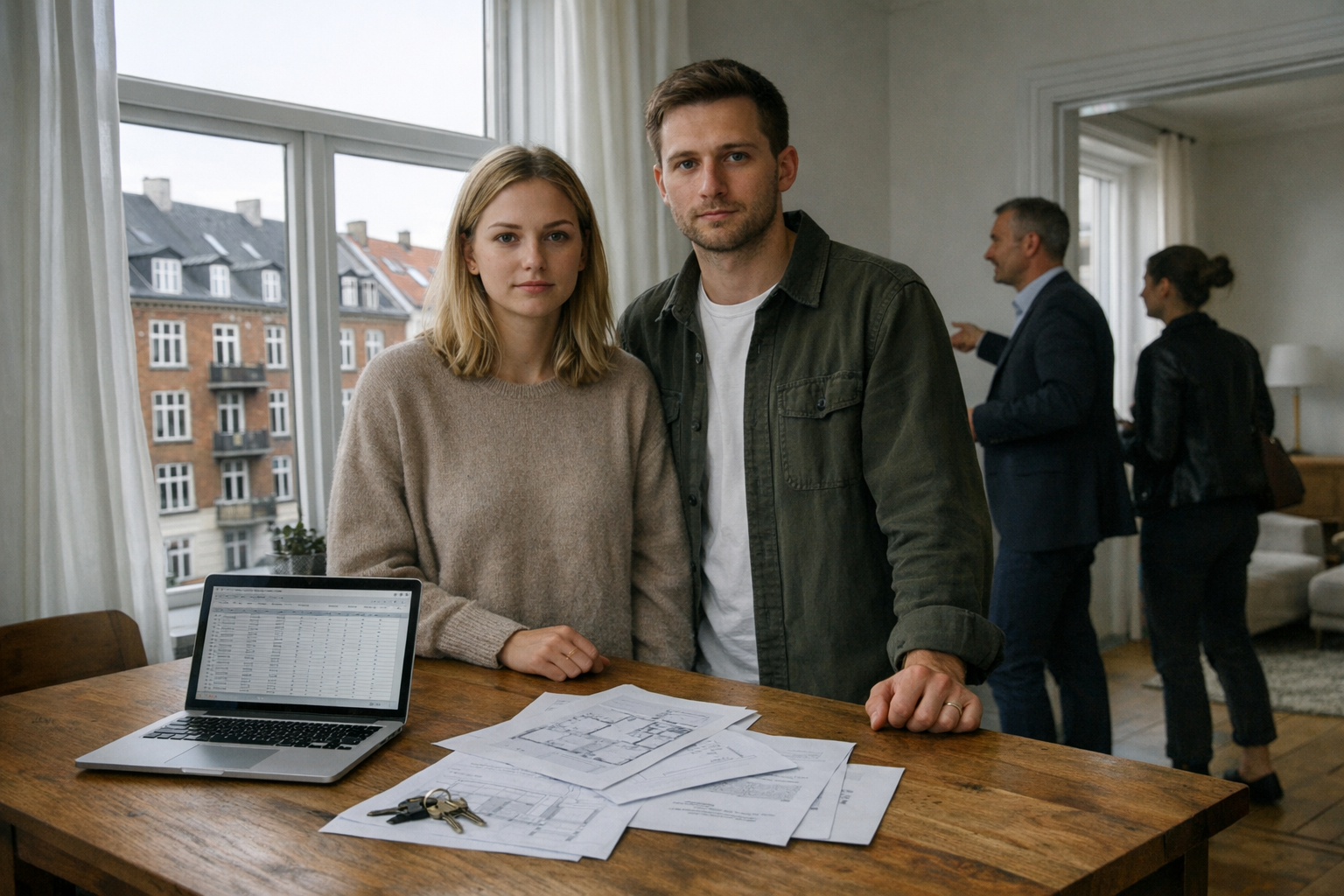 Personer ved bord med laptop og dokumenter