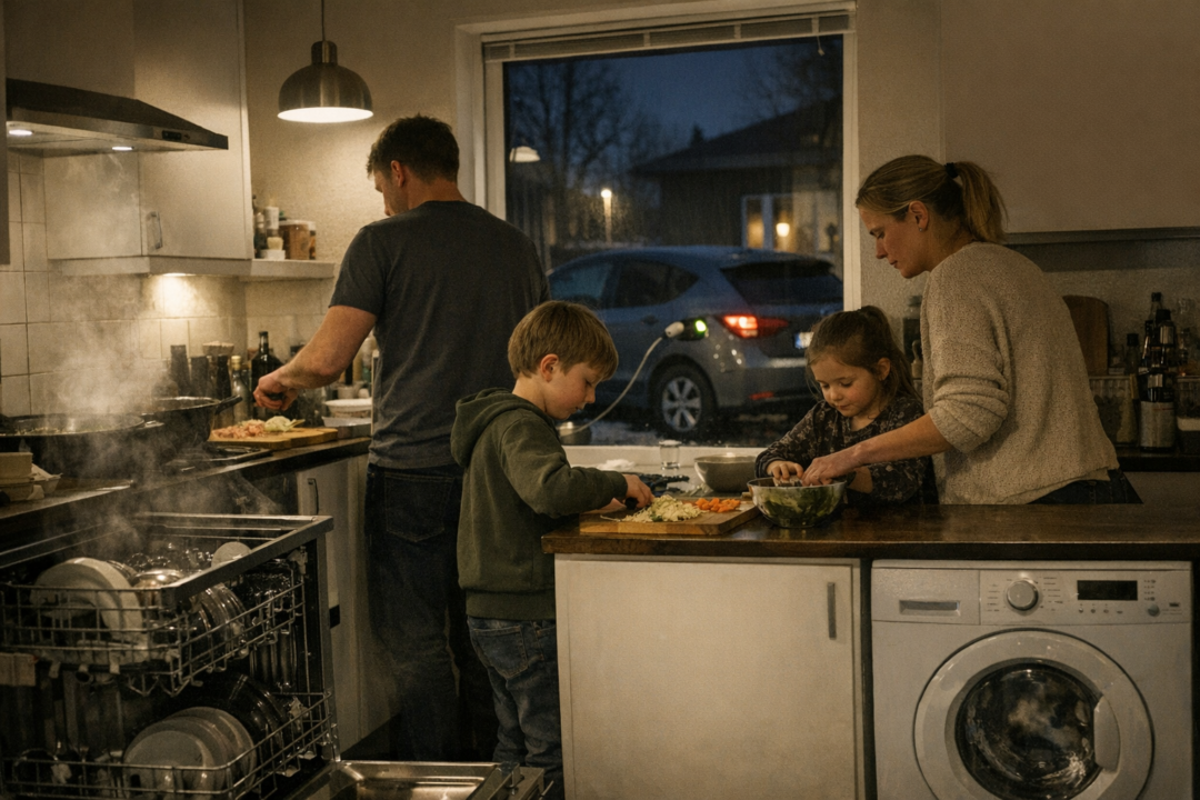 Hånd der peger på elregning ved siden af en elmåler
