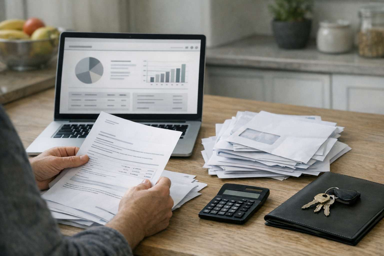 Person kigger på pensionsoversigt på laptop med papirer ved siden af