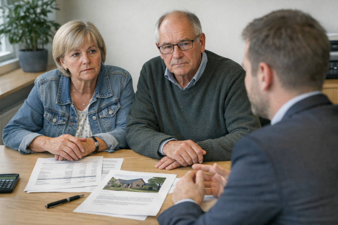 Ældre person gennemgår lånedokumenter ved køkkenbord med briller