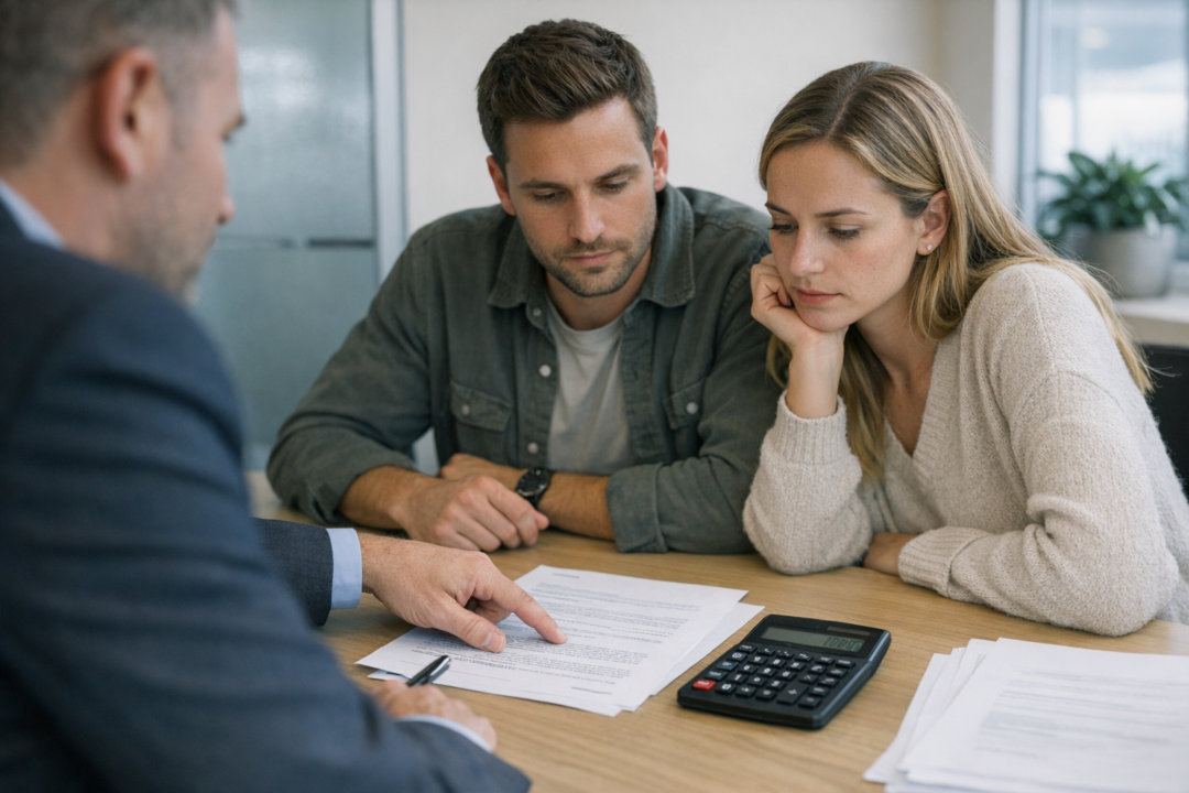 Person peger på tal i dokument ved siden af en lommeregner