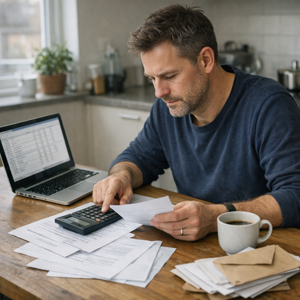 Hånd der regner på lommeregner ved siden af lånedokumenter