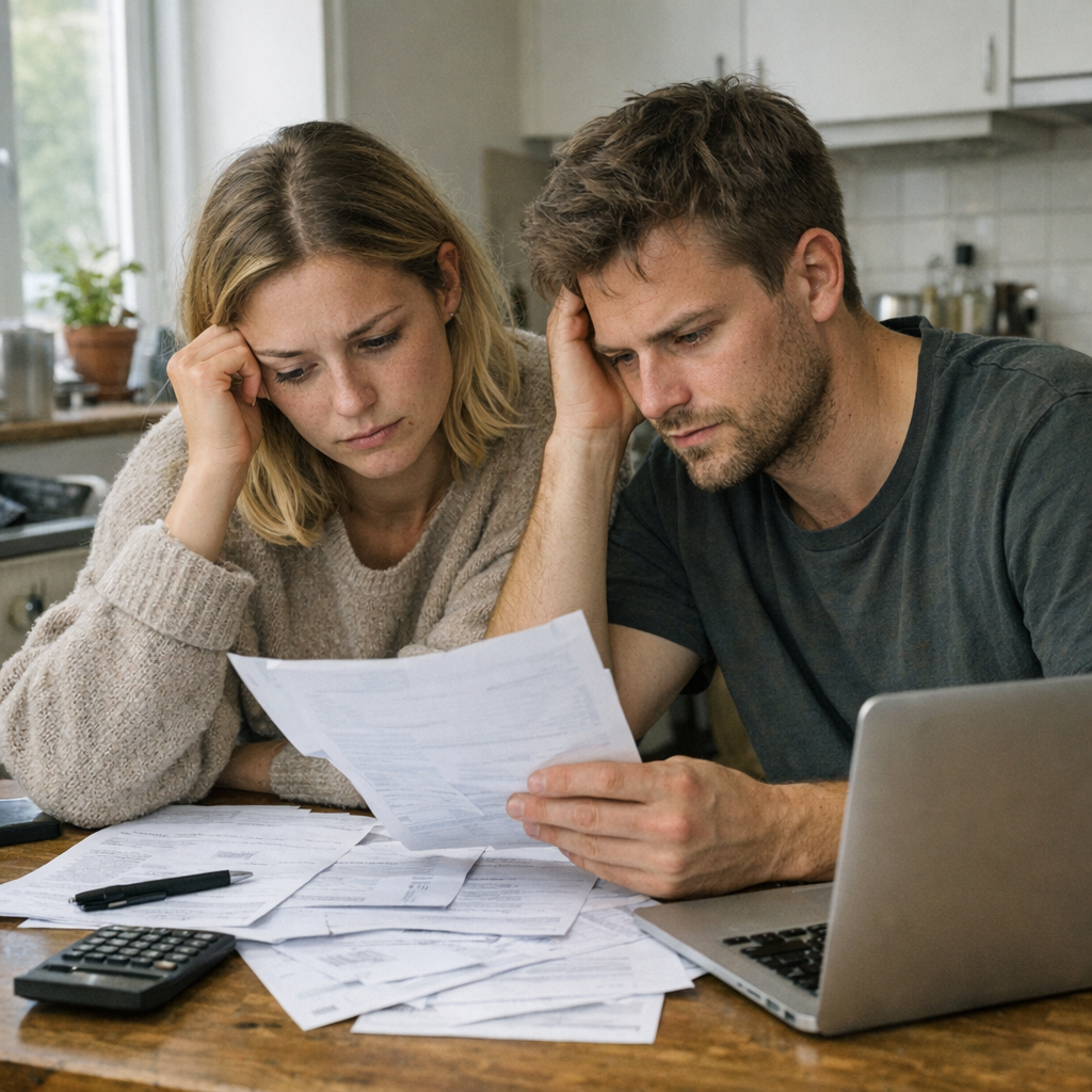 Person med notater, budgetark og laptop ved spisebord