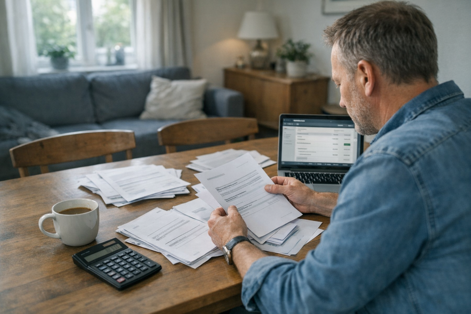 Personer ved bord med laptop, budgetark og forsikringspapirer