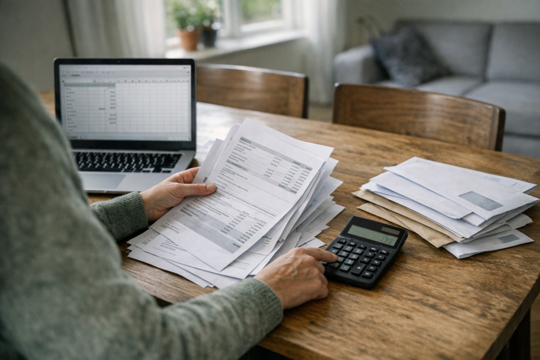 Person med boligpapirer og lommeregner ved bord