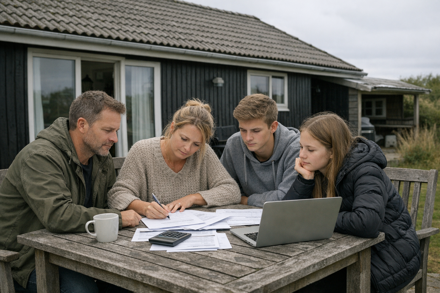 Par ser på boligbudget med dokumenter og laptop ved bord