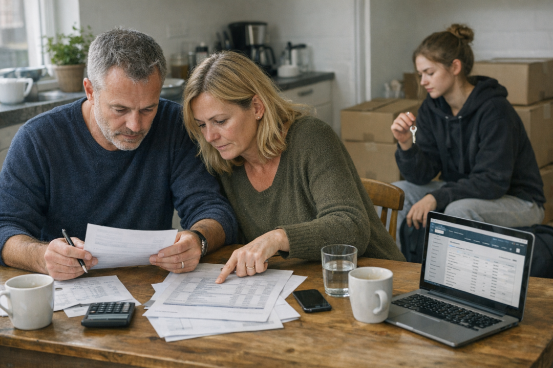 Forældre og ung voksen gennemgår budget og boligpapirer ved bord