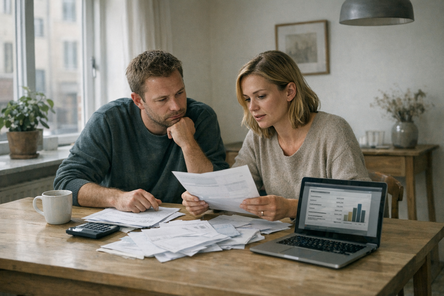 Personer ved bord med laptop og budgetark
