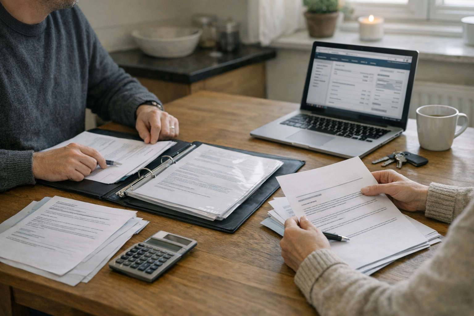 To personer gennemgår lånedokumenter ved et bord med boligpapirer