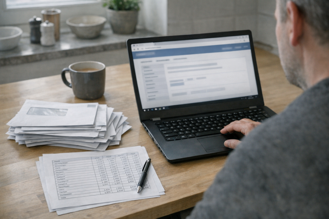 Person kigger på boligskat-brev og regner på tal ved køkkenbord