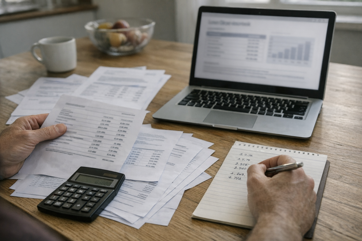 Person ved bord med lånedokumenter og lommeregner
