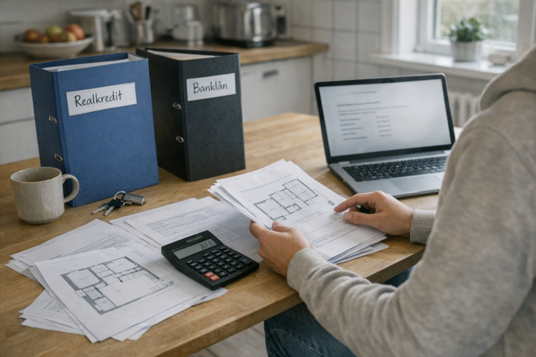 Person peger på låneoversigt på laptop ved siden af dokumenter
