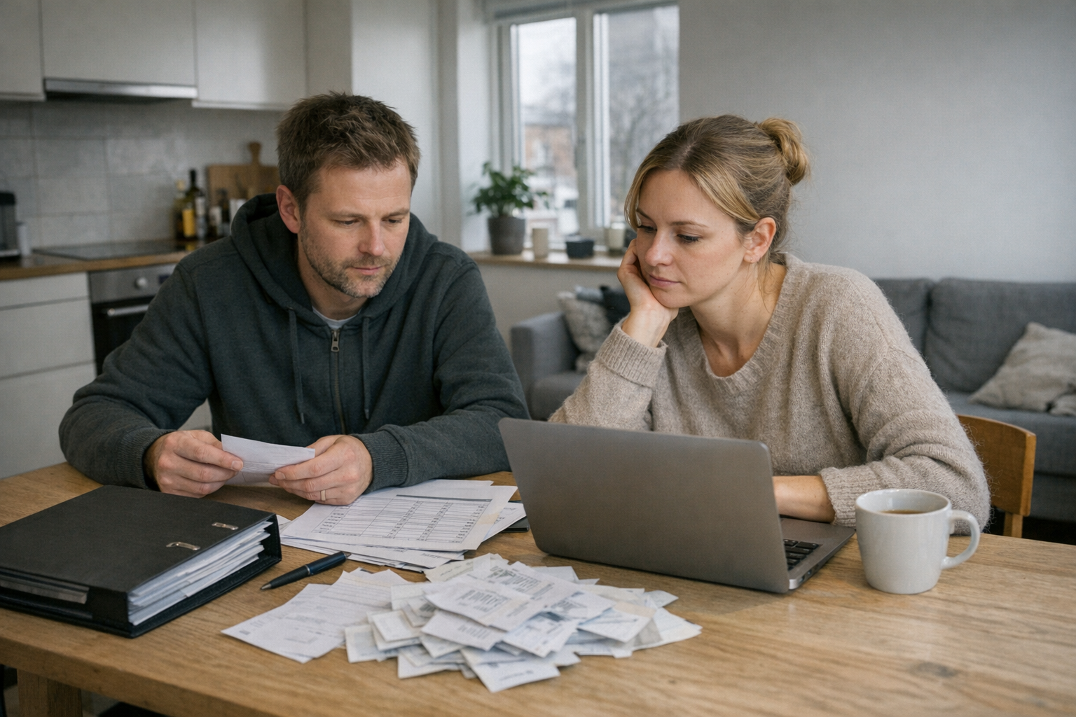 Personer ved bord med laptop, budgetark og boligpapirer