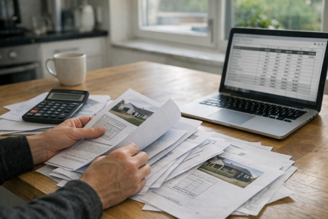 Person skriver budget ved bord med boligpapirer og lommeregner