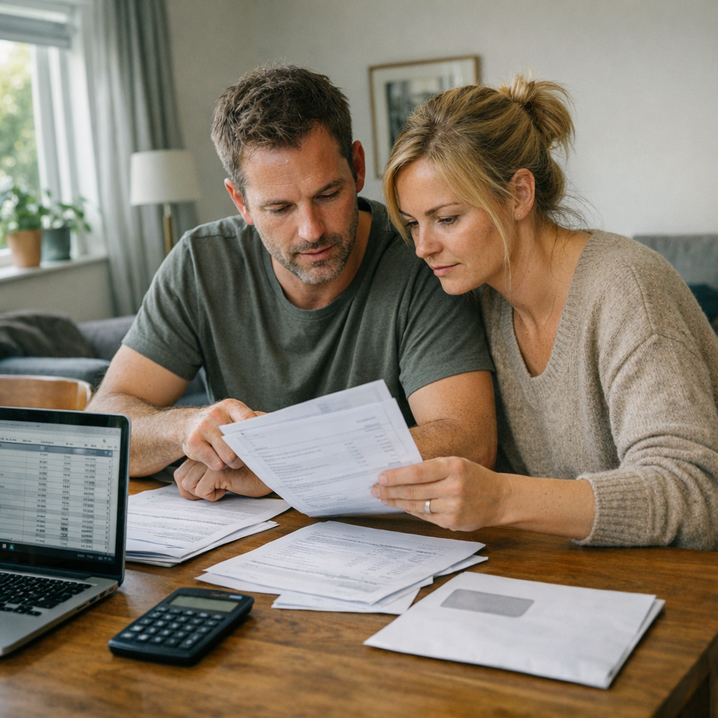 Personer ved bord med laptop og dokumenter