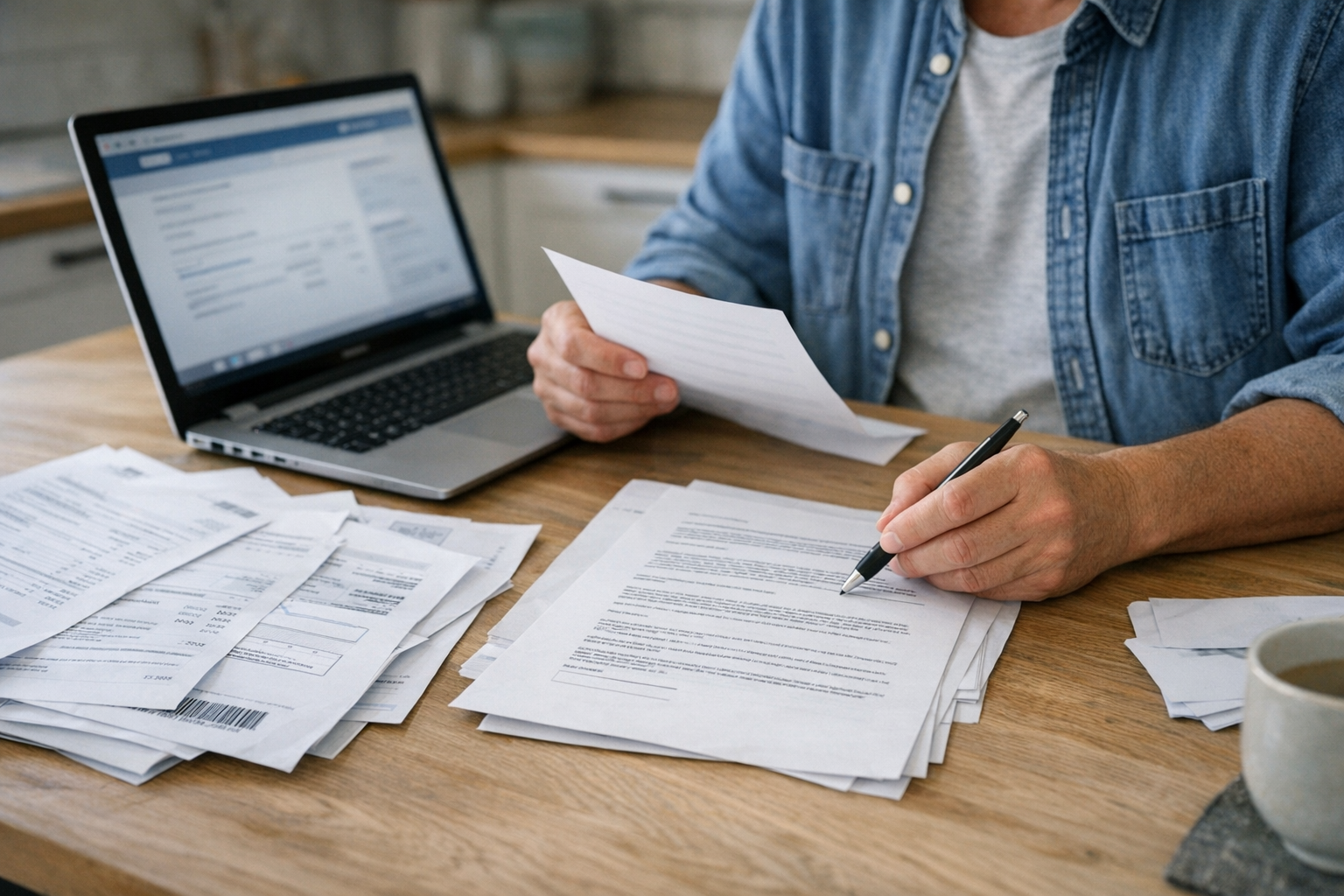 Person udfylder dokumenter ved køkkenbord med regninger og kuglepen