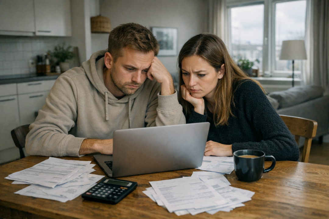Person skriver budget på papir ved siden af lommeregner og laptop