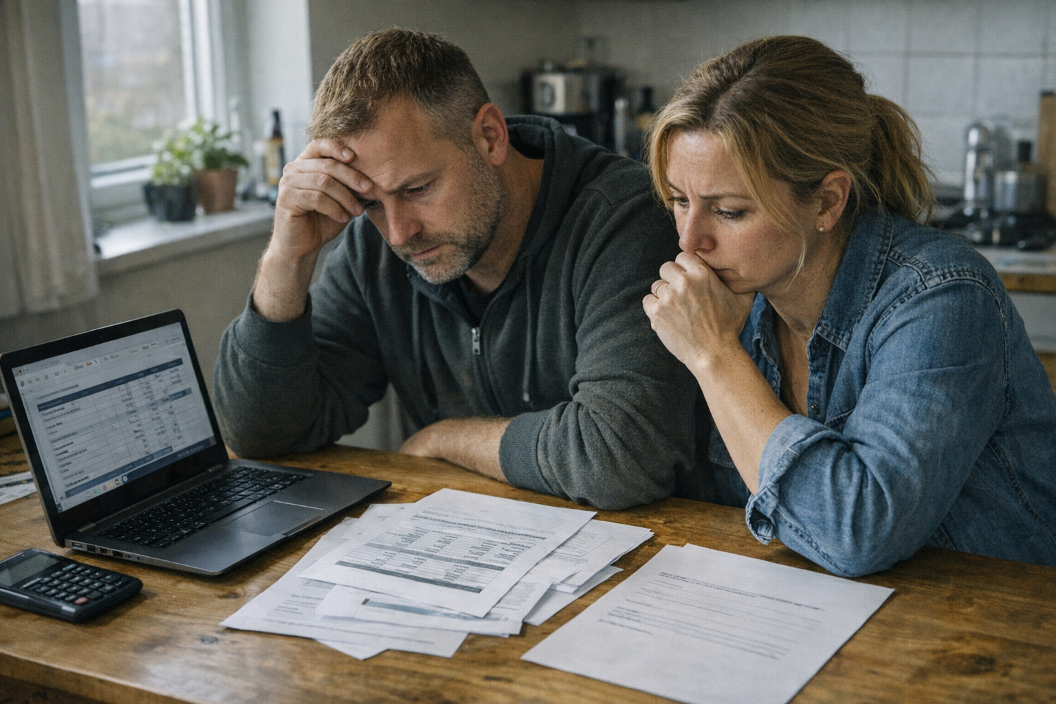 Forælder og voksen barn gennemgår lejekontrakt og budget ved spisebord