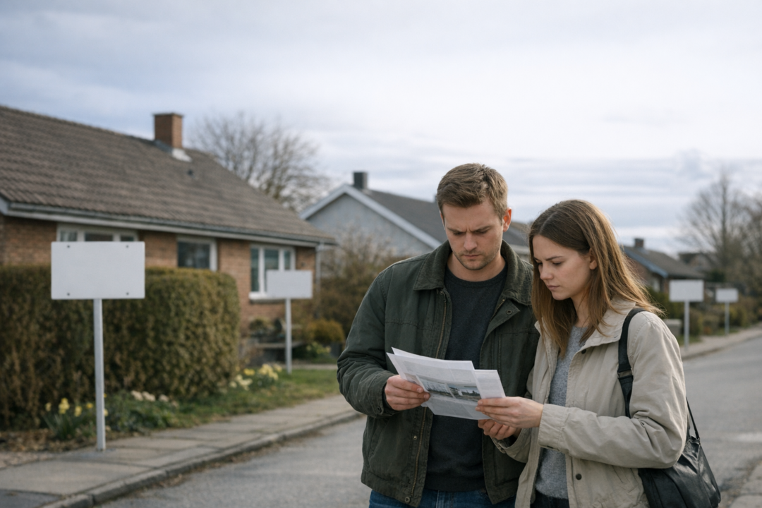 Rækkehuse med til salg-skilte langs en villavej