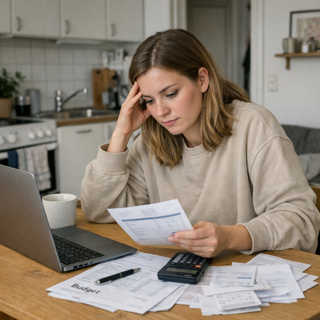 Person ved køkkenbord med laptop, budgetark og kvitteringer
