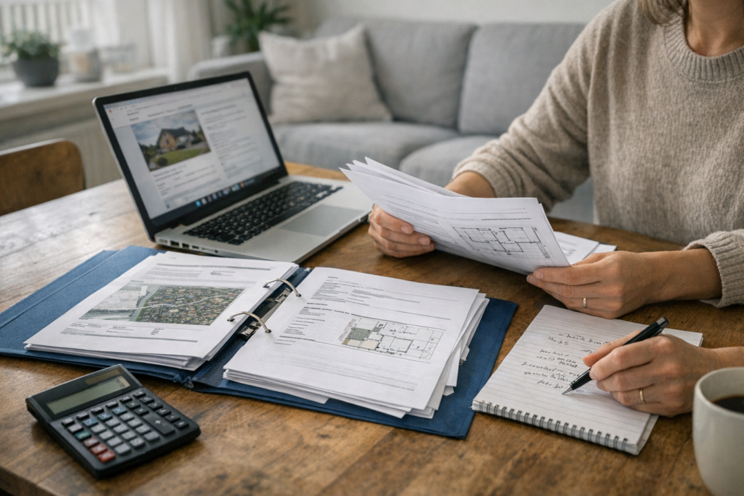 Person læser dokumenter og tjekker oplysninger på laptop
