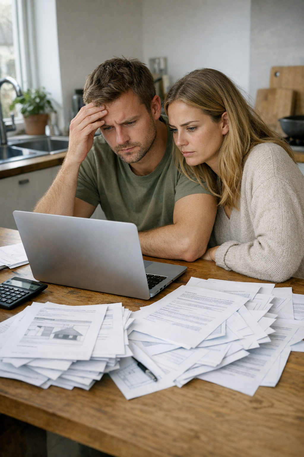 Person med dokumenter og kuglepen ved bord med laptop