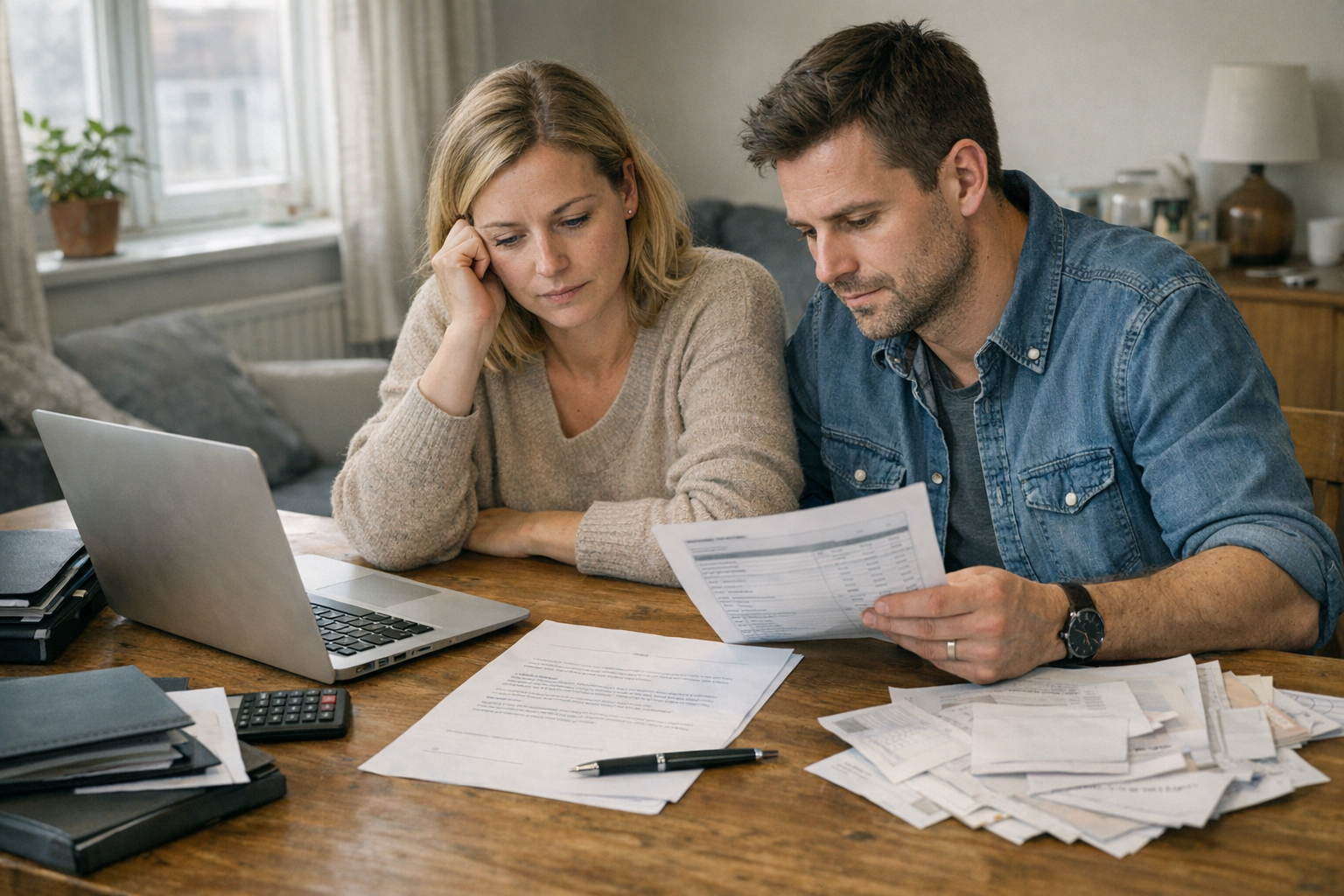 Personer gennemgår købsaftale med pen, laptop og boligpapirer på bord