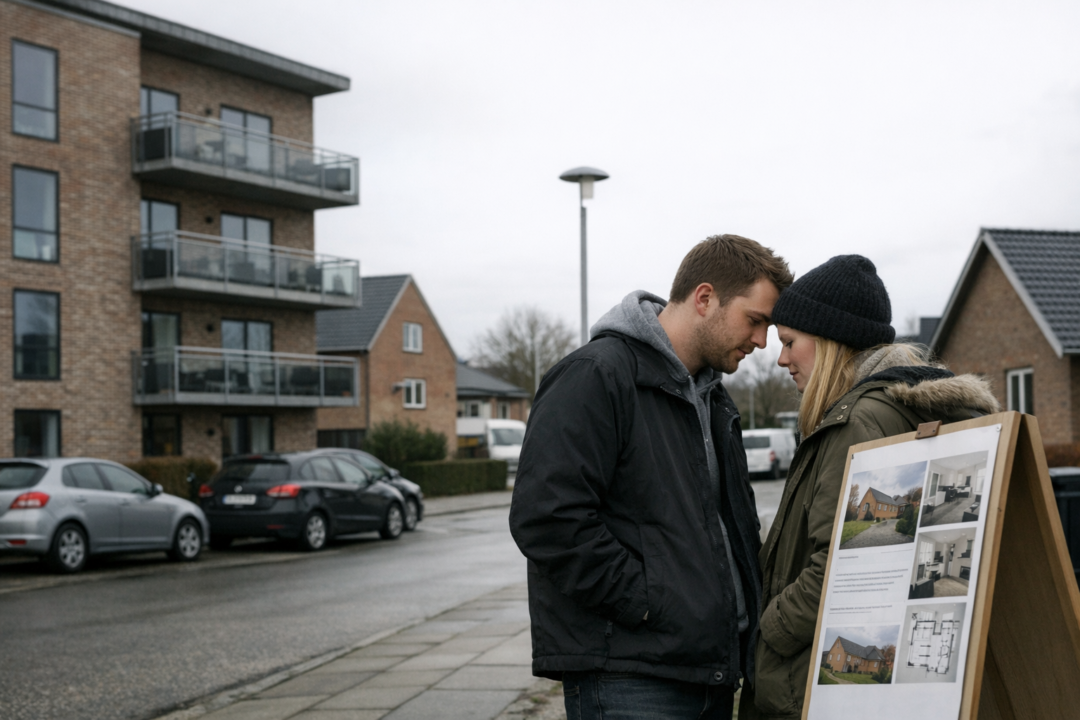 Par kigger på boligannoncer og prisgraf på en laptop
